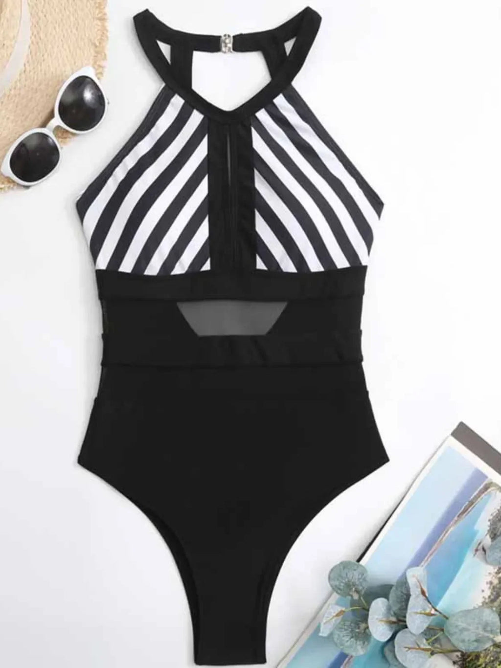 Mesh Detail Backless Striped One-Piece Swimsuit - tif-shop24.de