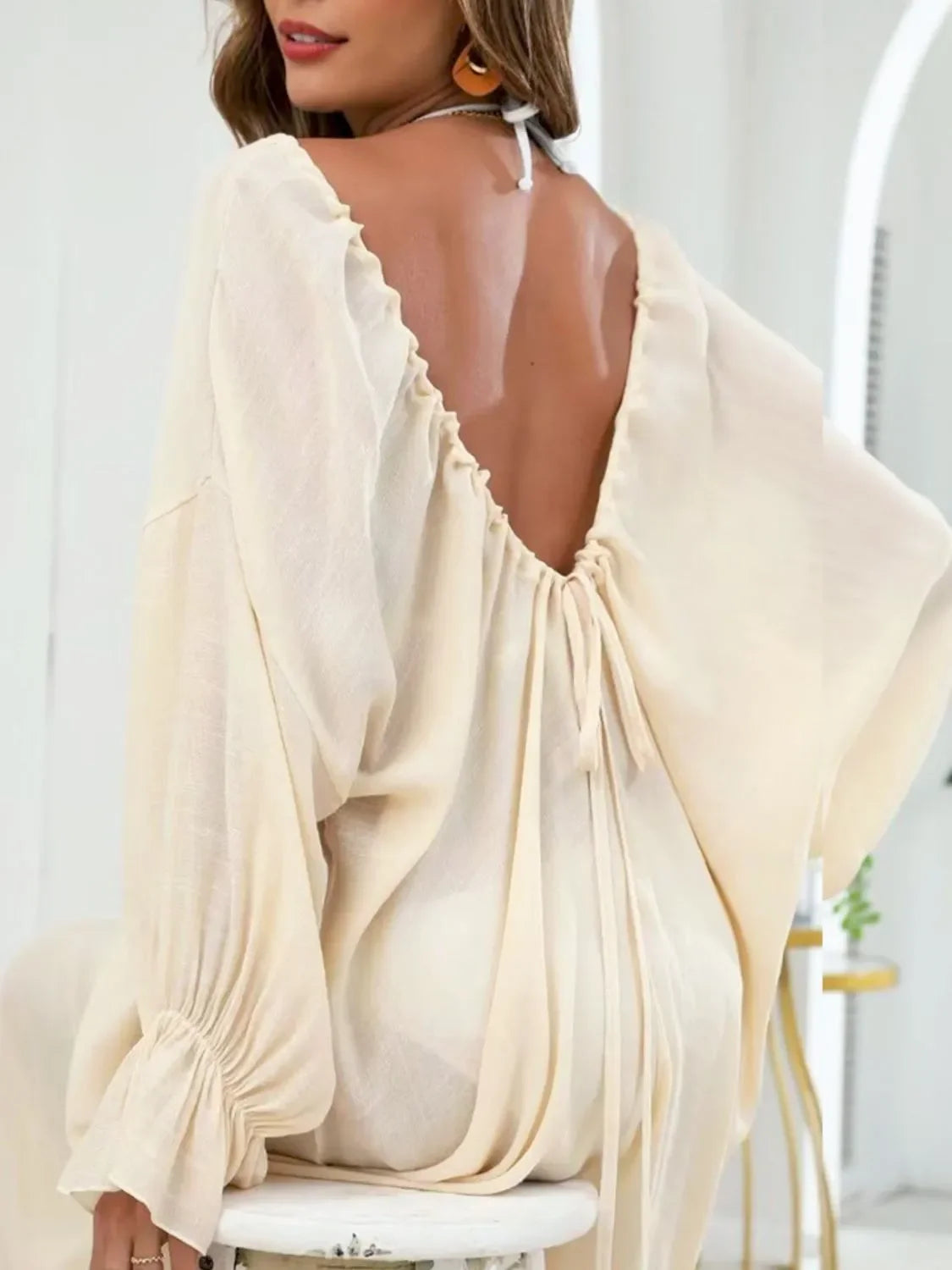 Backless Drawstring Back Flounce Sleeve Cover-Up - tif-shop24.de