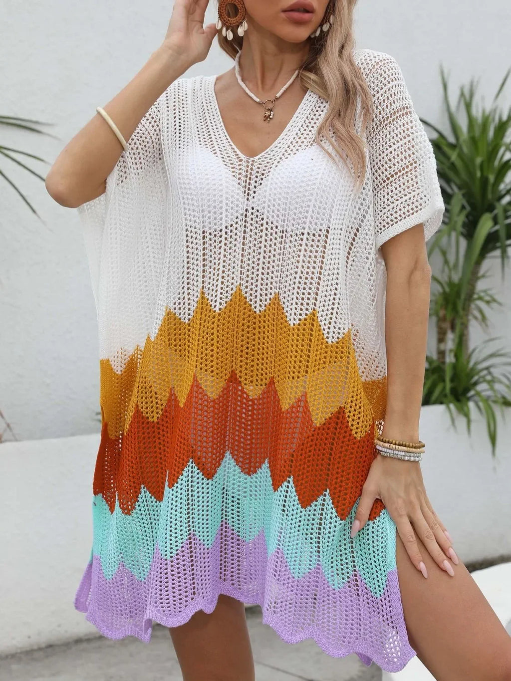 Openwork V-Neck Half Sleeve Cover-Up - tif-shop24.de