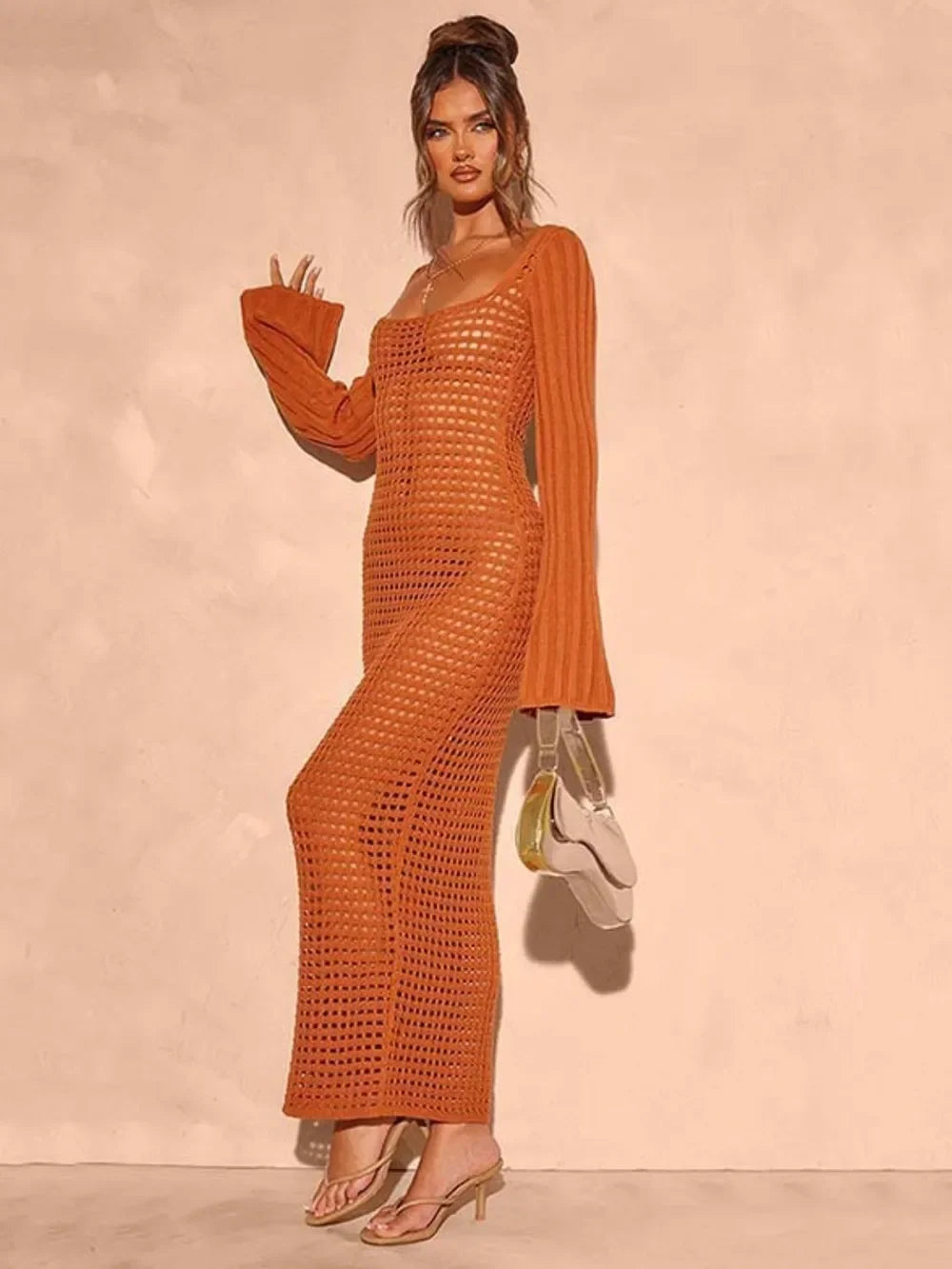 Openwork Square Neck Flare Sleeve Cover-Up Dress - tif-shop24.de