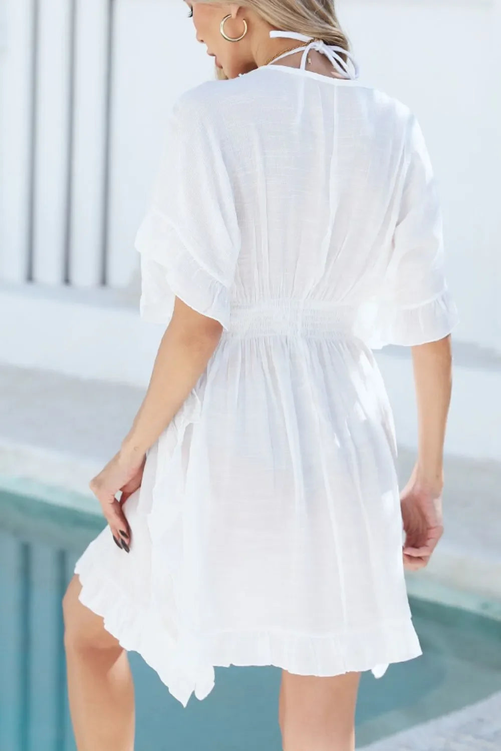 Ruffled Smocked Waist V-Neck Cover-Up - tif-shop24.de