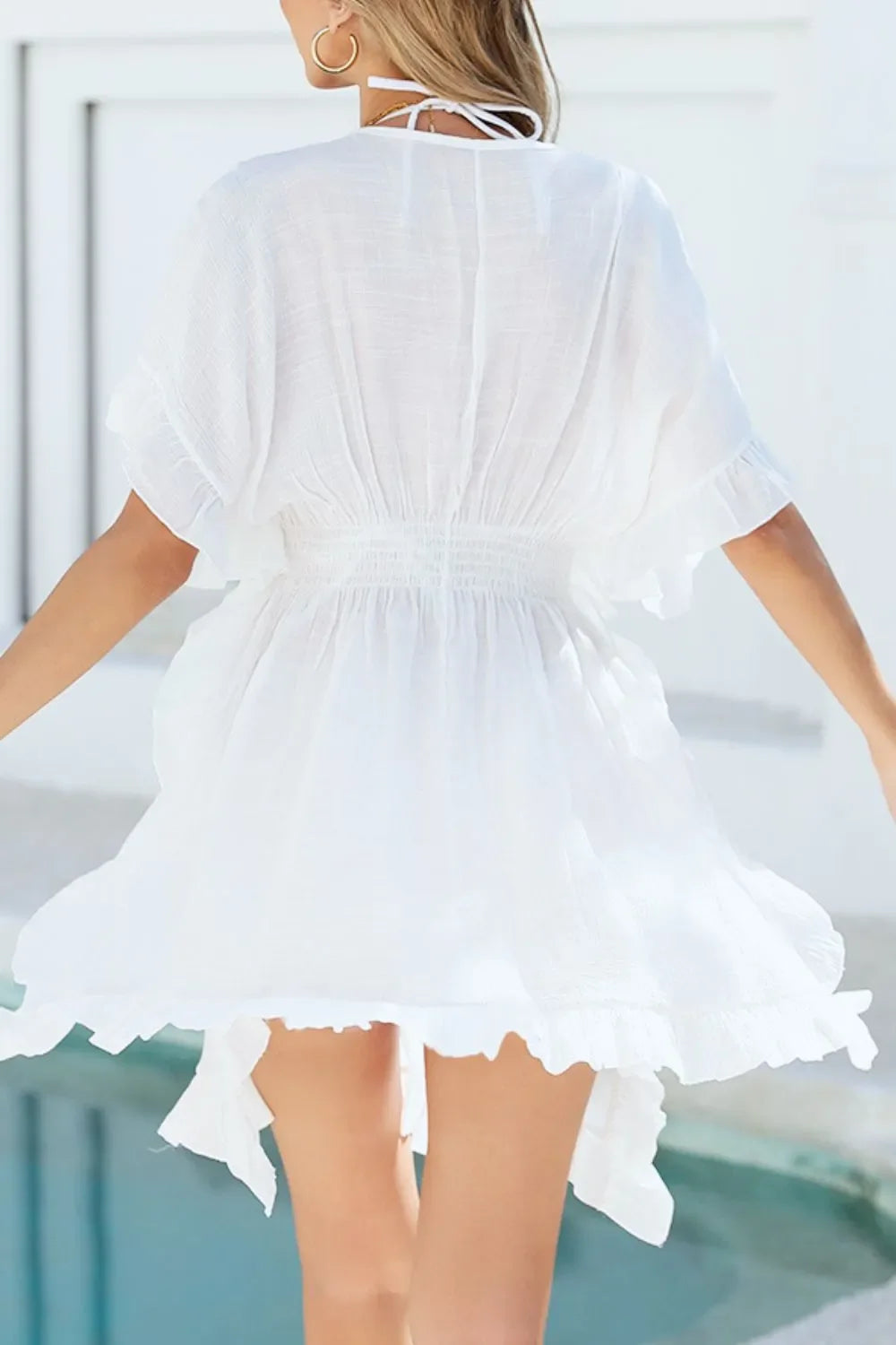 Ruffled Smocked Waist V-Neck Cover-Up - tif-shop24.de