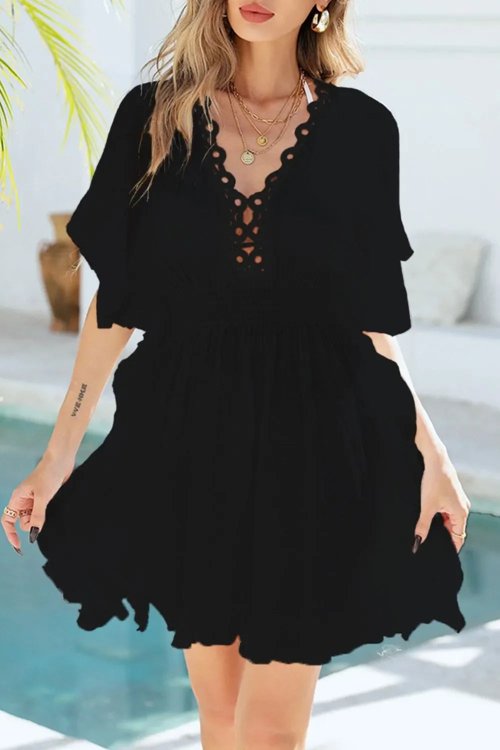 Ruffled Smocked Waist V-Neck Cover-Up - tif-shop24.de