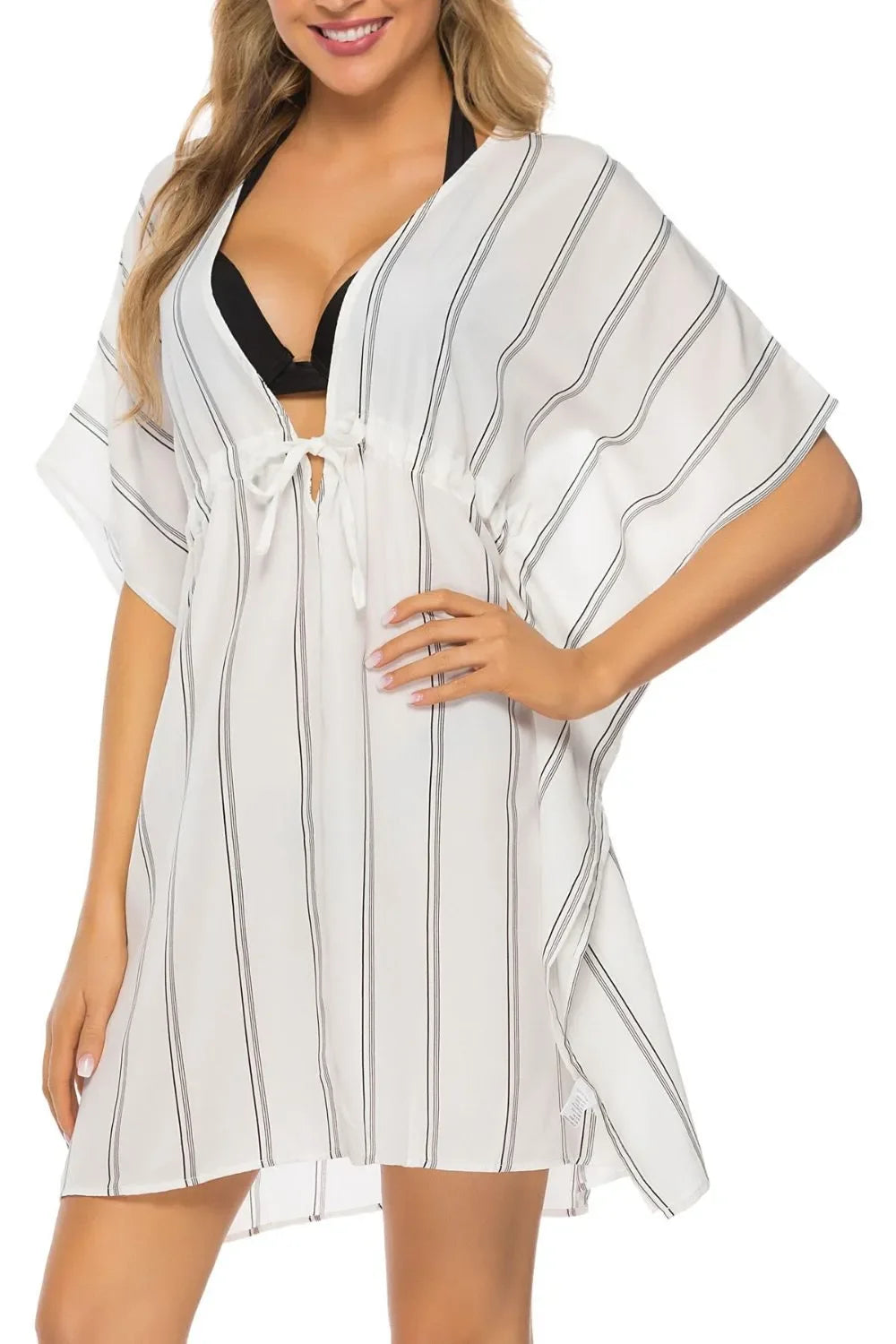 Drawstring Striped V-Neck Cover-Up - tif-shop24.de