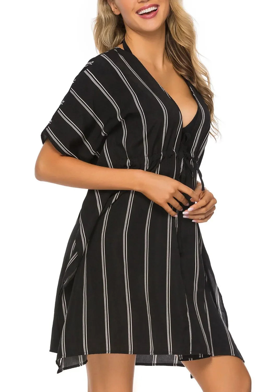 Drawstring Striped V-Neck Cover-Up - tif-shop24.de