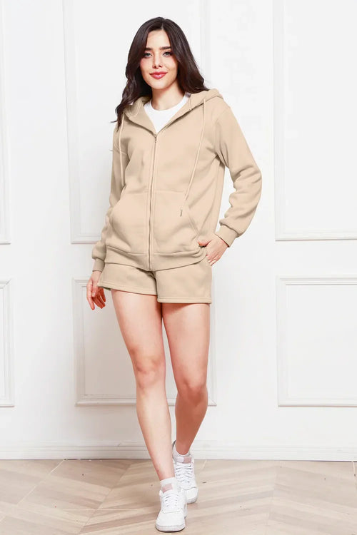 Zip Up Drawstring Hoodie and Shorts Set - tif-shop24.de