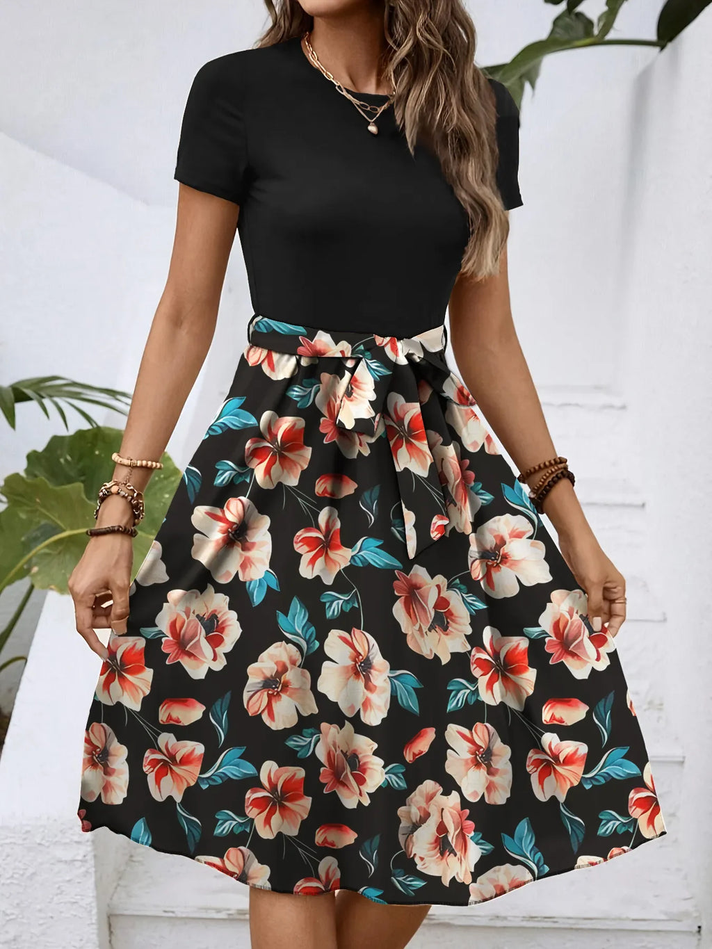 Floral Print Short Sleeve A-Line Dress - tif-shop24.de