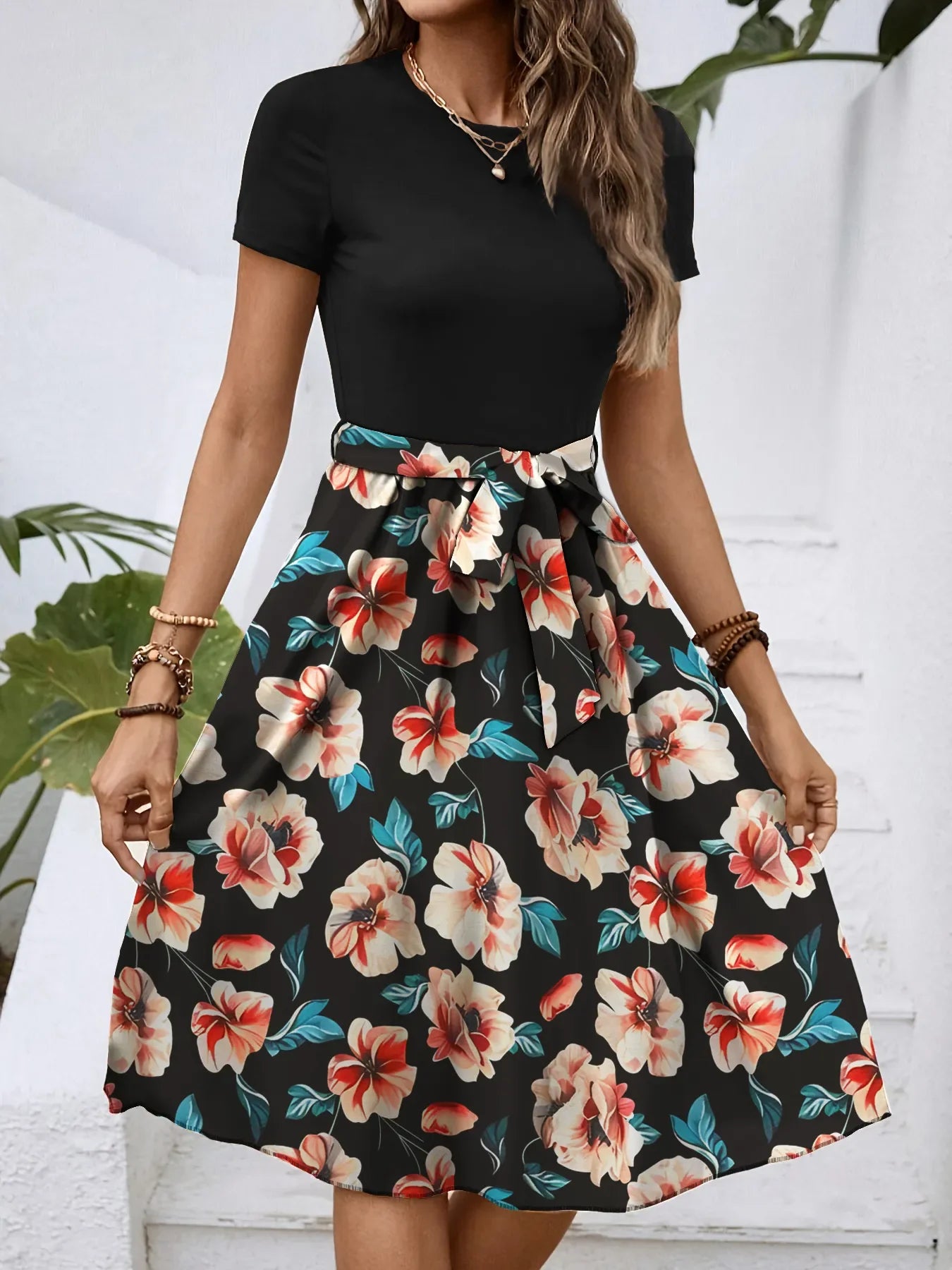 Floral Print Short Sleeve A-Line Dress - tif-shop24.de