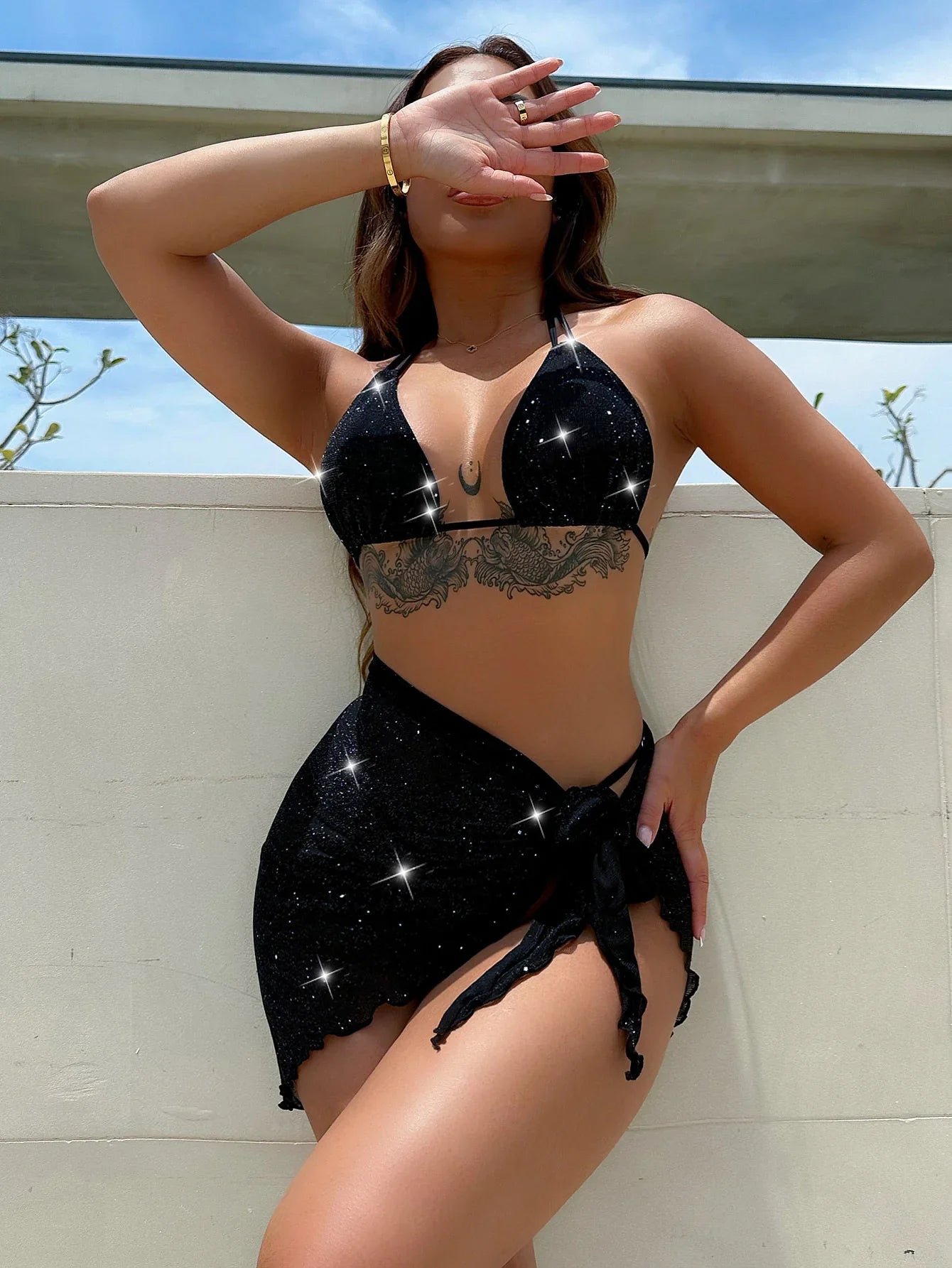 Glitter Halter Neck Backless Three-Piece Swim Set - tif-shop24.de