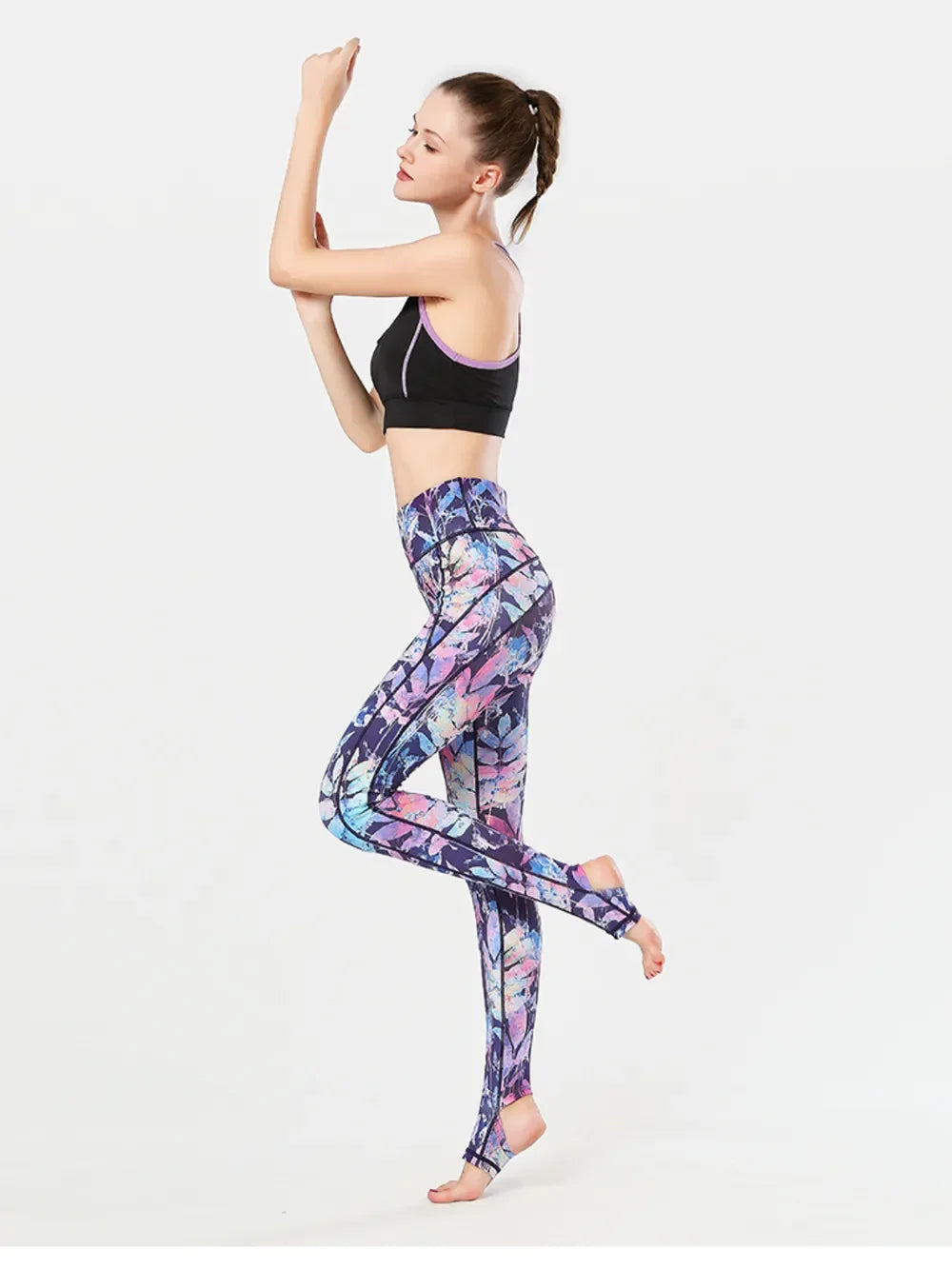 Printed Wide Waistband Active Leggings with Stirrups - tif-shop24.de