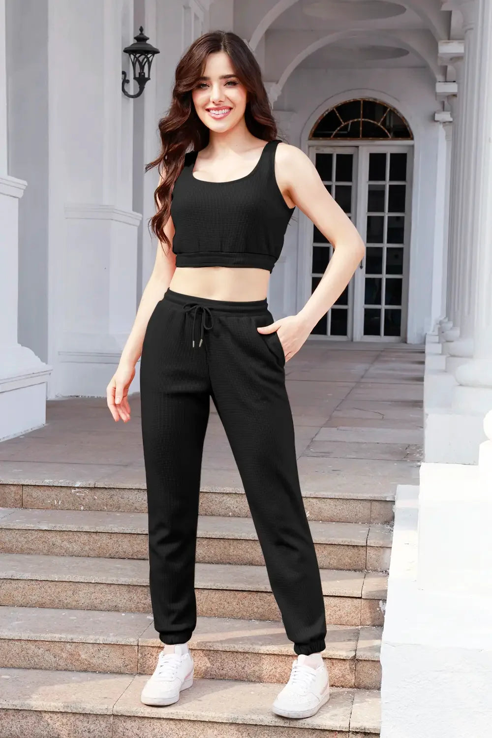 Waffle-Knit Cropped Tank and Drawstring Pants Set - tif-shop24.de