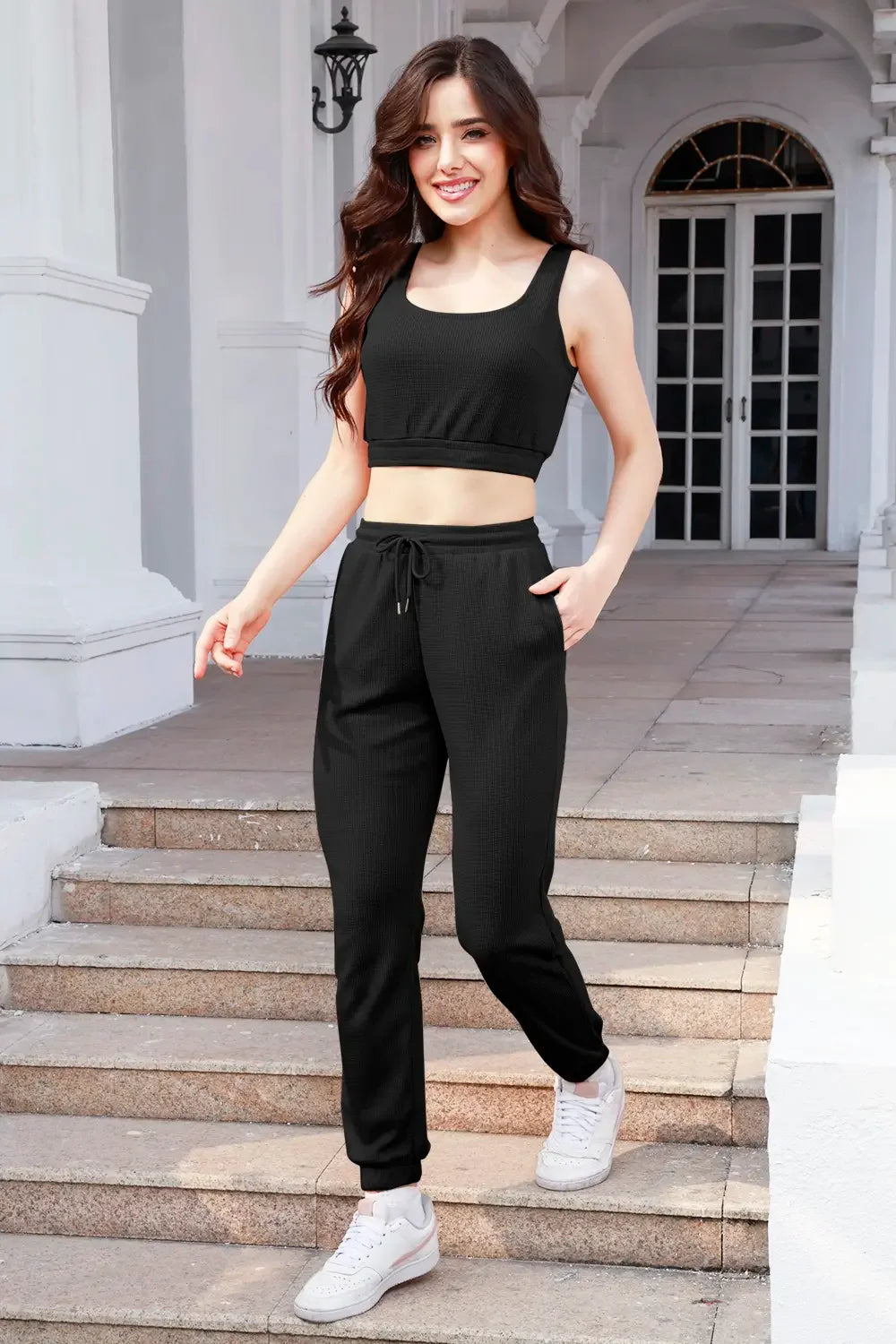 Waffle-Knit Cropped Tank and Drawstring Pants Set - tif-shop24.de