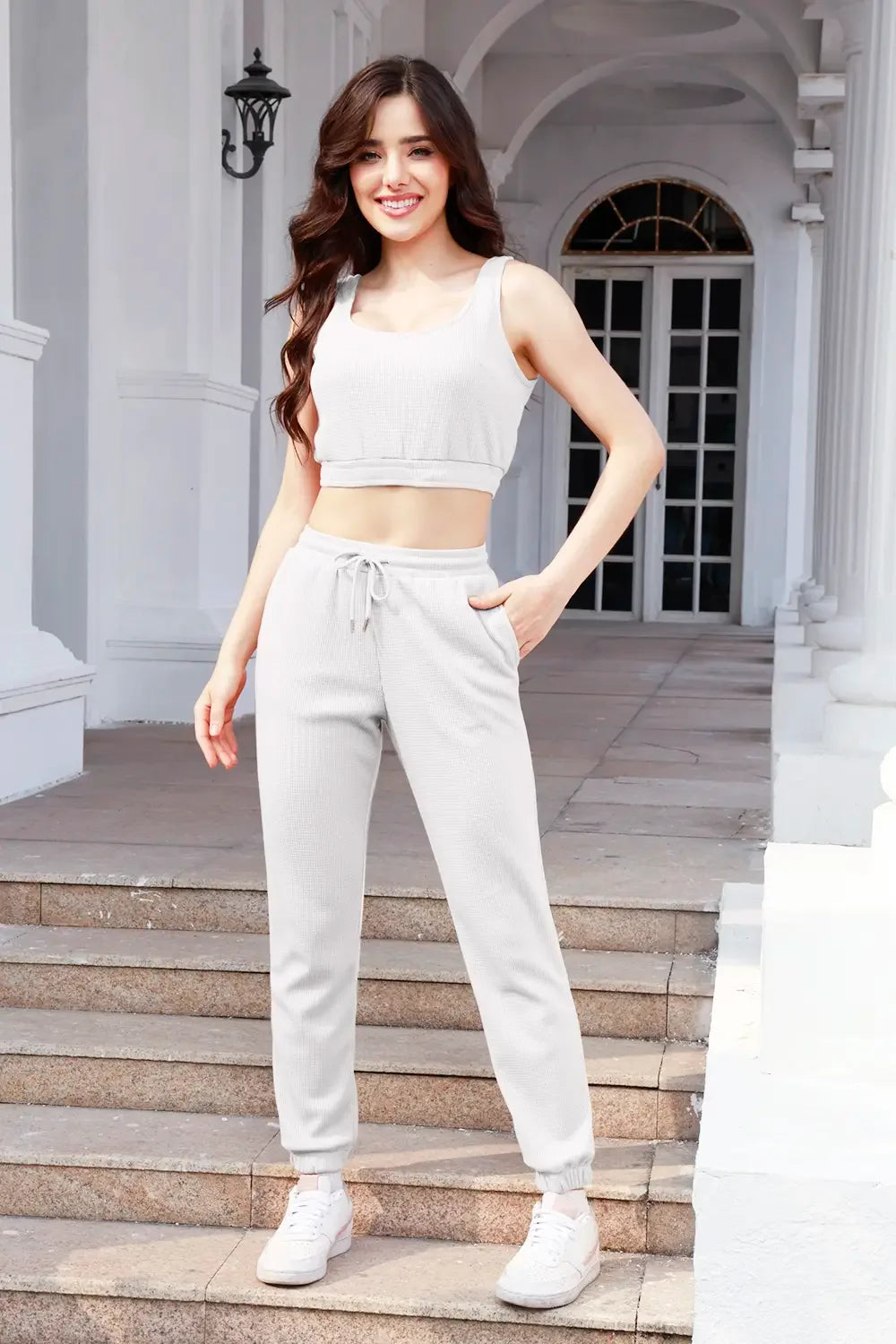 Waffle-Knit Cropped Tank and Drawstring Pants Set - tif-shop24.de