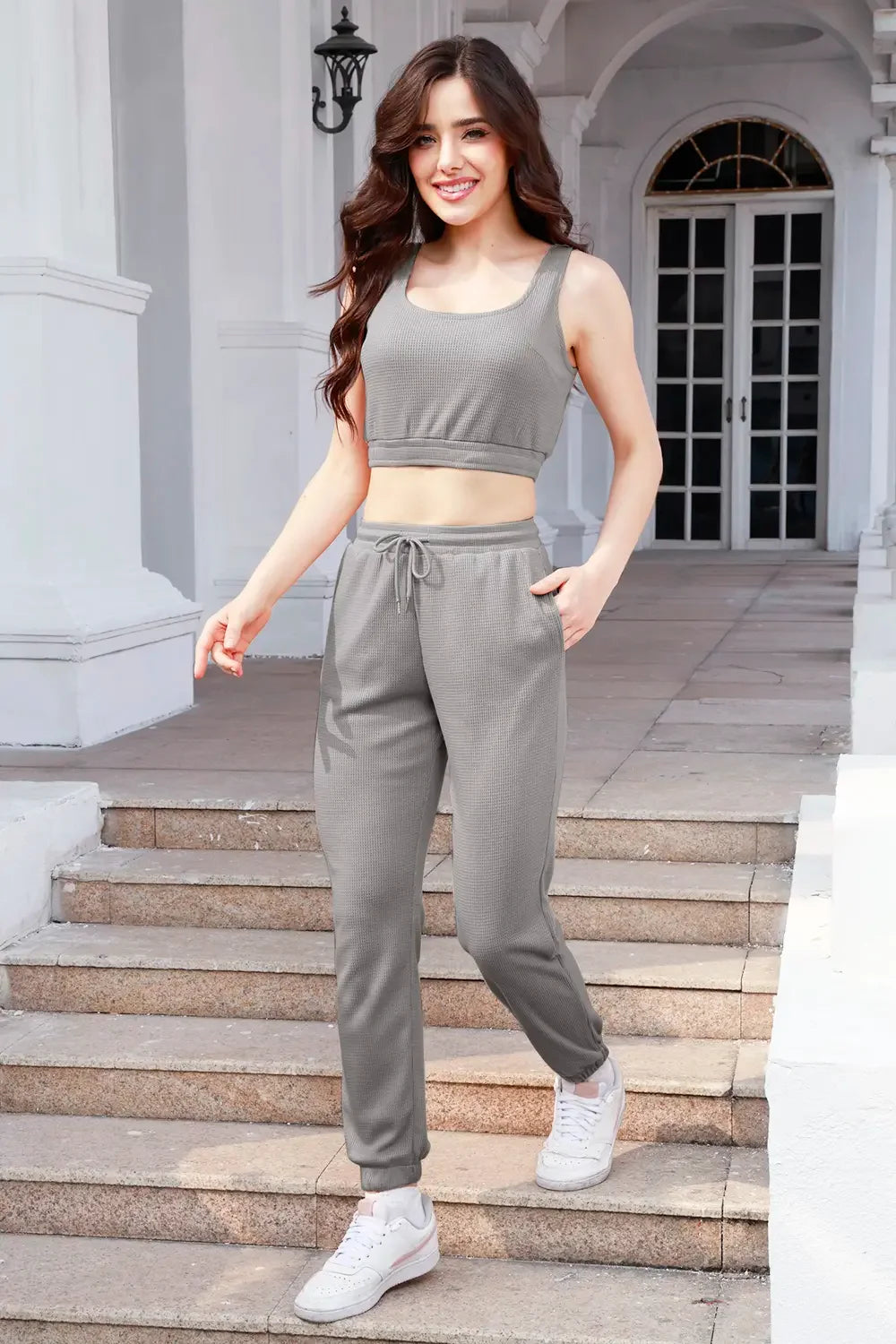 Waffle-Knit Cropped Tank and Drawstring Pants Set - tif-shop24.de