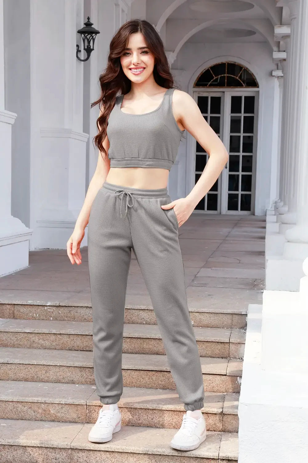 Waffle-Knit Cropped Tank and Drawstring Pants Set - tif-shop24.de