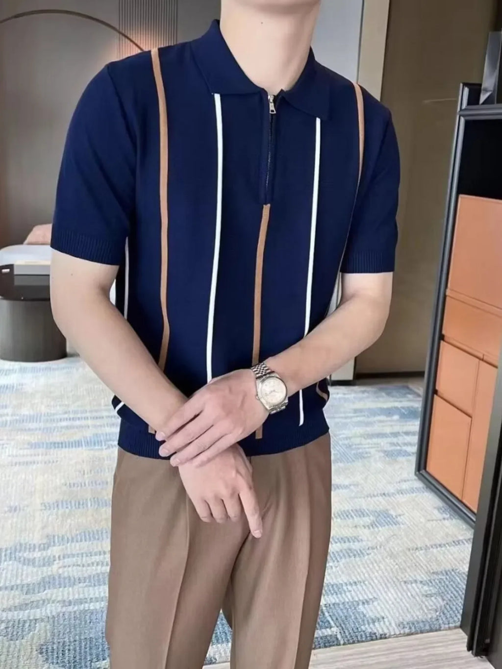 Men's Full Size Striped Zip Collar Short Sleeve Knit Polo Shirt Plus Size - tif-shop24.de