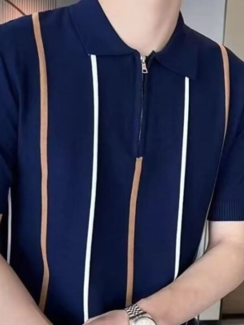Men's Full Size Striped Zip Collar Short Sleeve Knit Polo Shirt Plus Size - tif-shop24.de