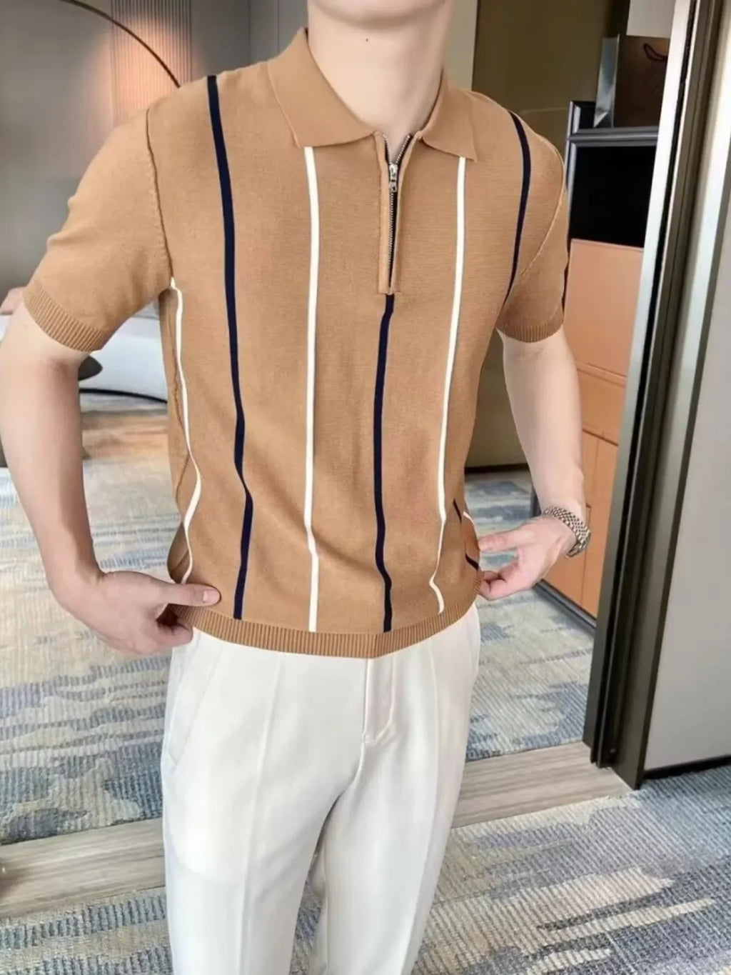 Men's Full Size Striped Zip Collar Short Sleeve Knit Polo Shirt Plus Size - tif-shop24.de