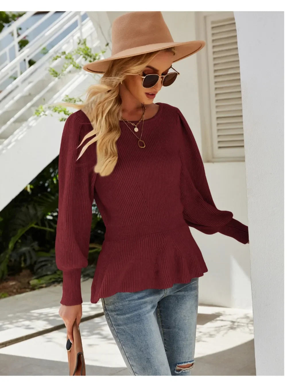 Ribbed Round Neck Lantern Sleeve Sweater - tif-shop24.de
