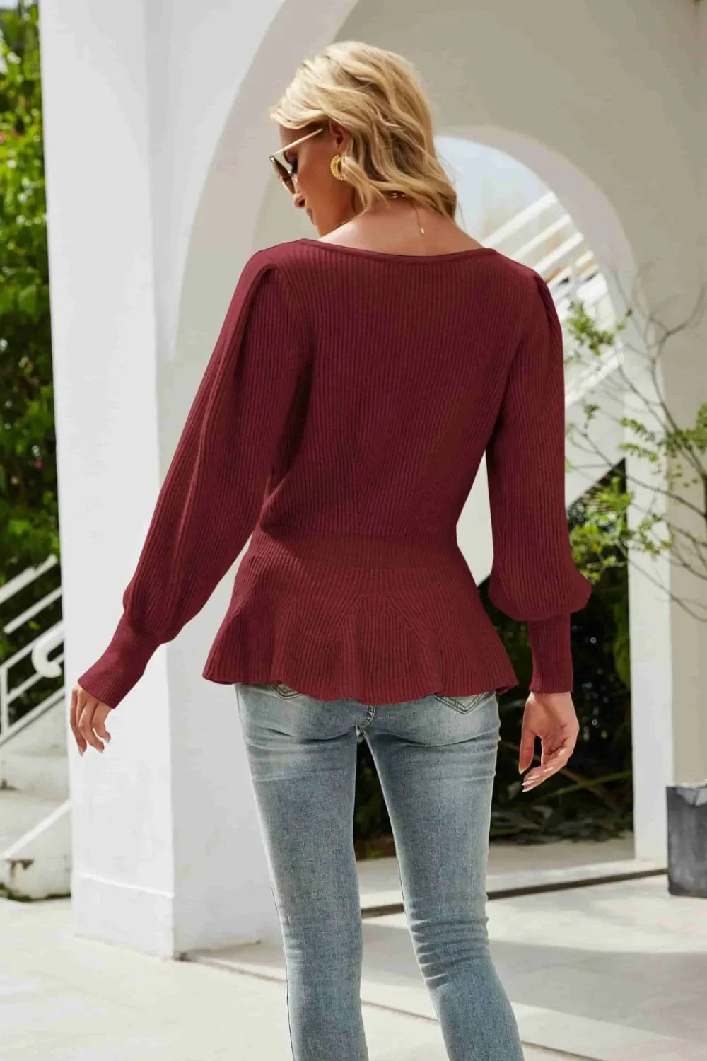 Ribbed Round Neck Lantern Sleeve Sweater - tif-shop24.de