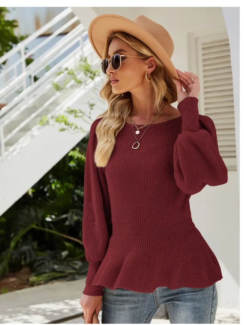 Ribbed Round Neck Lantern Sleeve Sweater - tif-shop24.de