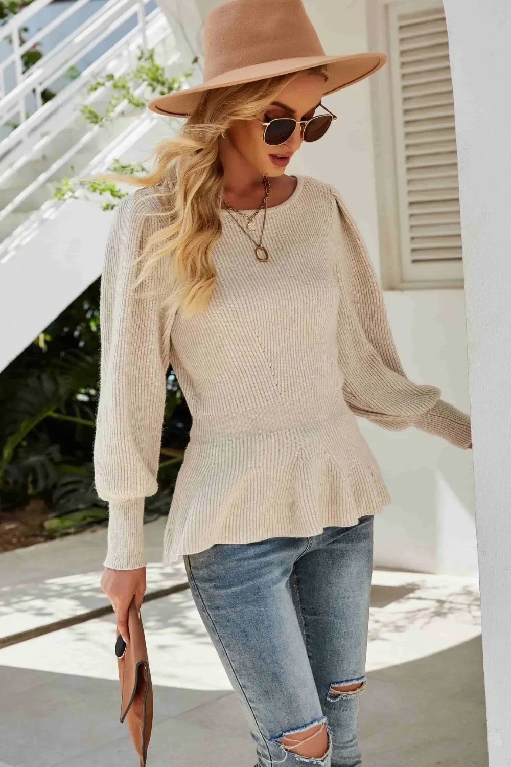 Ribbed Round Neck Lantern Sleeve Sweater - tif-shop24.de