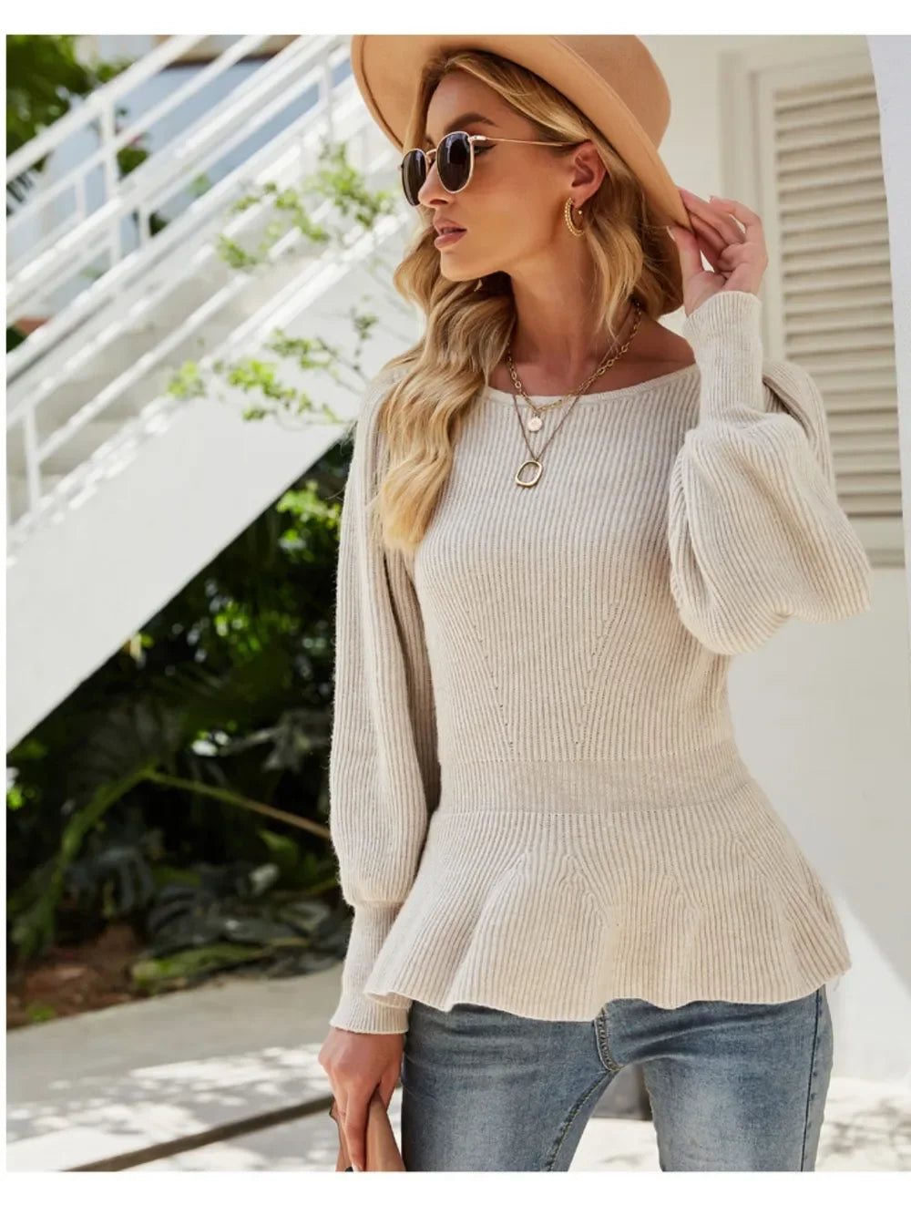 Ribbed Round Neck Lantern Sleeve Sweater - tif-shop24.de