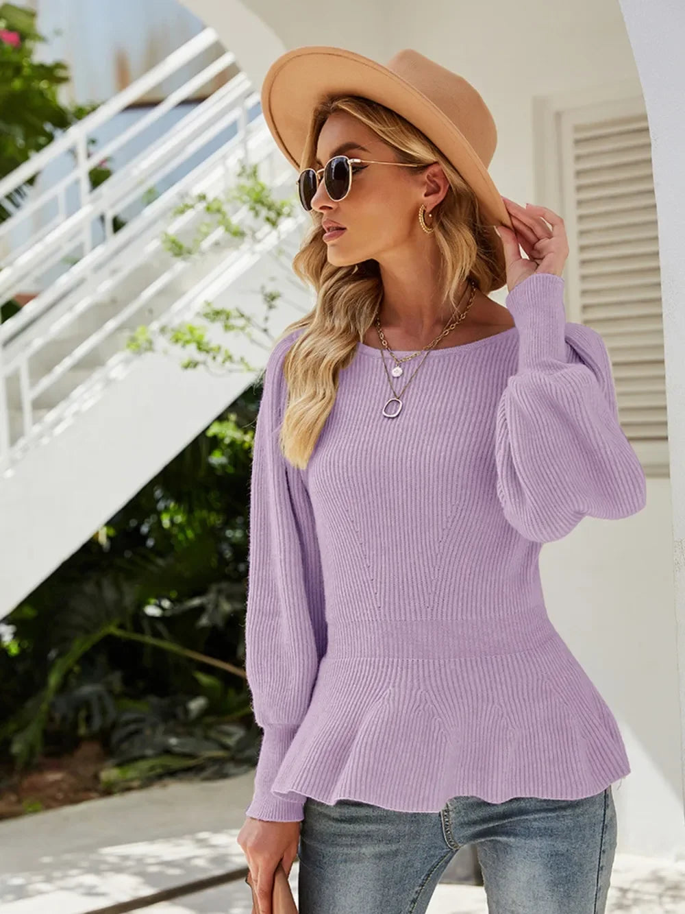 Ribbed Round Neck Lantern Sleeve Sweater - tif-shop24.de