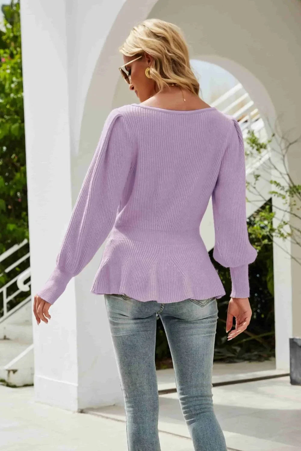Ribbed Round Neck Lantern Sleeve Sweater - tif-shop24.de