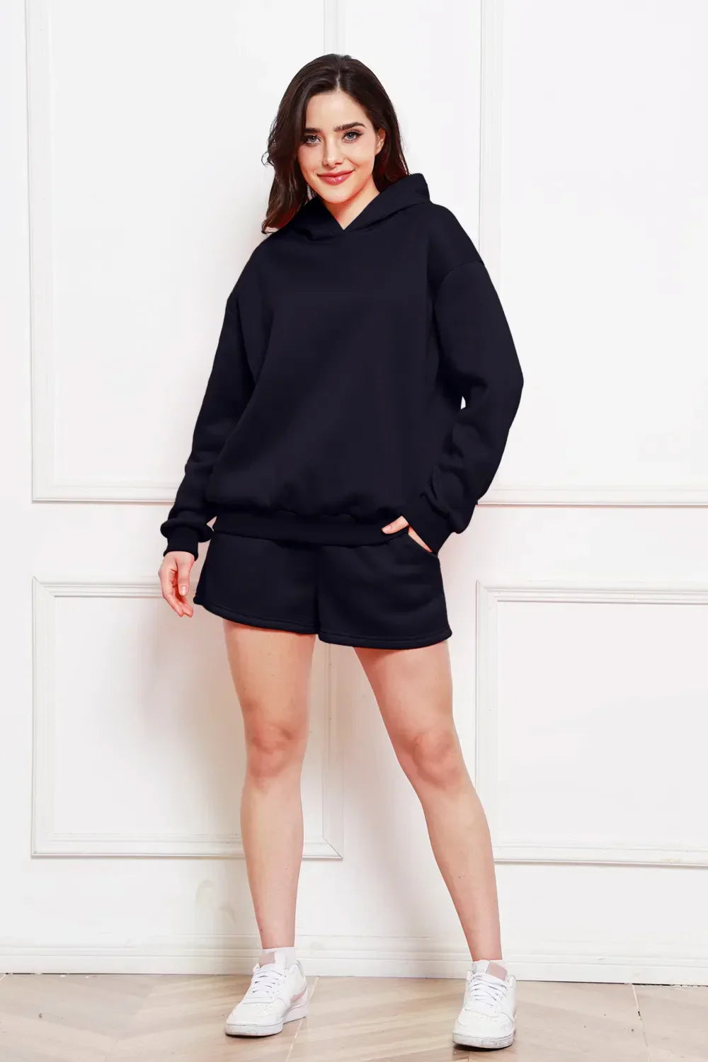 Drop Shoulder Long Sleeve Hoodie and Shorts Set - tif-shop24.de
