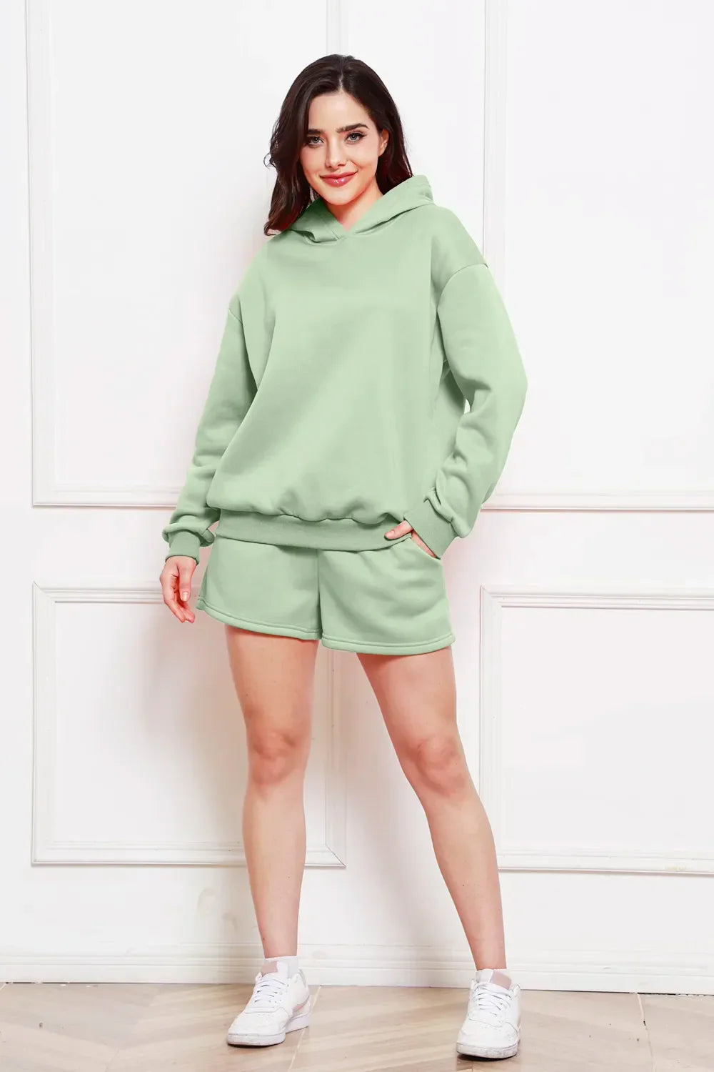Drop Shoulder Long Sleeve Hoodie and Shorts Set - tif-shop24.de