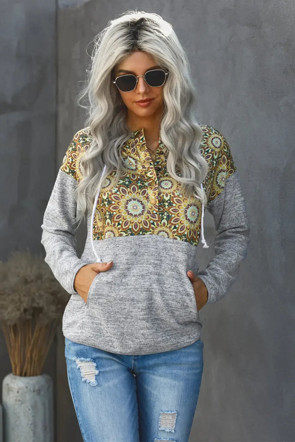 Floral Drawstring Half Snap Hoodie - tif-shop24.de