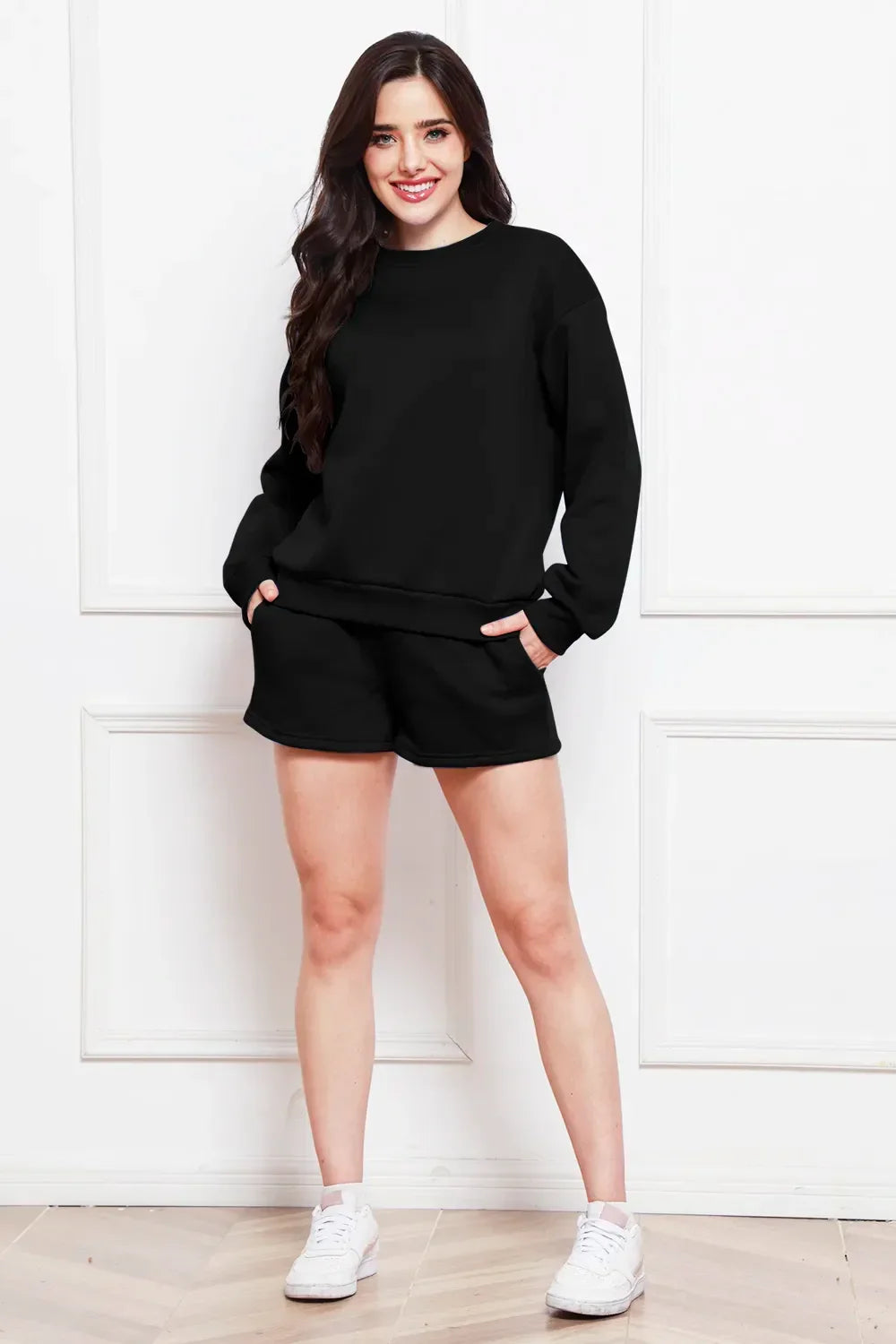 Round Neck Long Sleeve Sweatshirt and Drawstring Shorts Set - tif-shop24.de