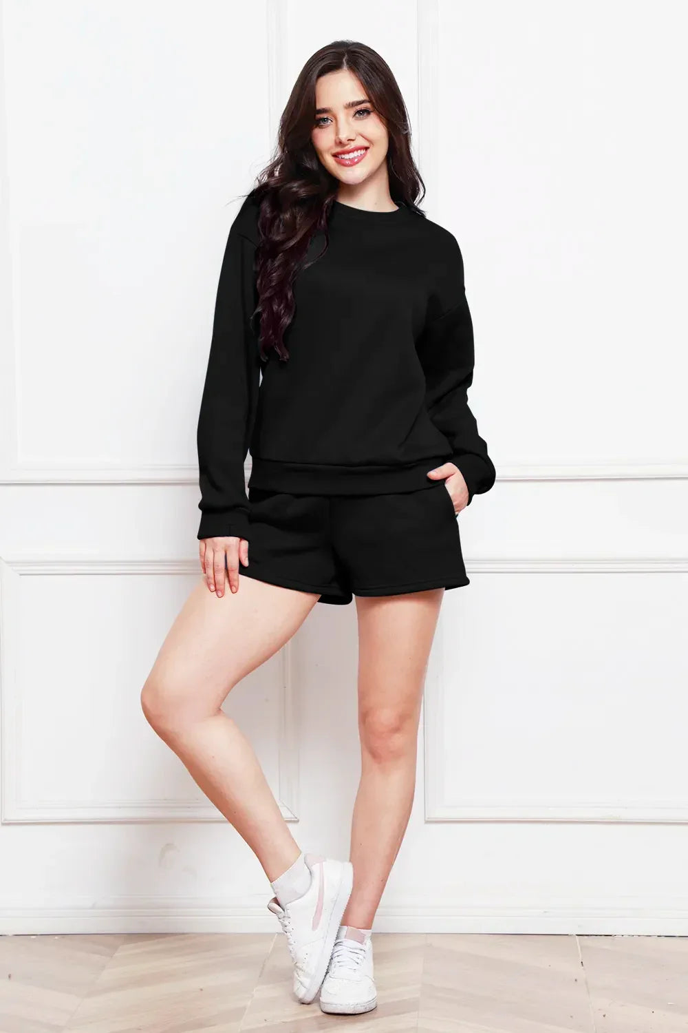 Round Neck Long Sleeve Sweatshirt and Drawstring Shorts Set - tif-shop24.de