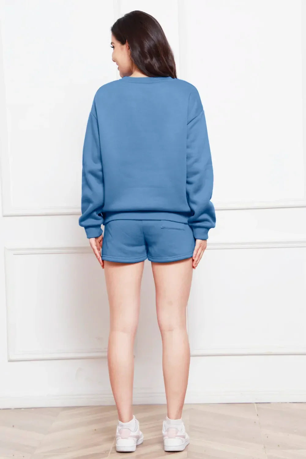Round Neck Long Sleeve Sweatshirt and Drawstring Shorts Set - tif-shop24.de