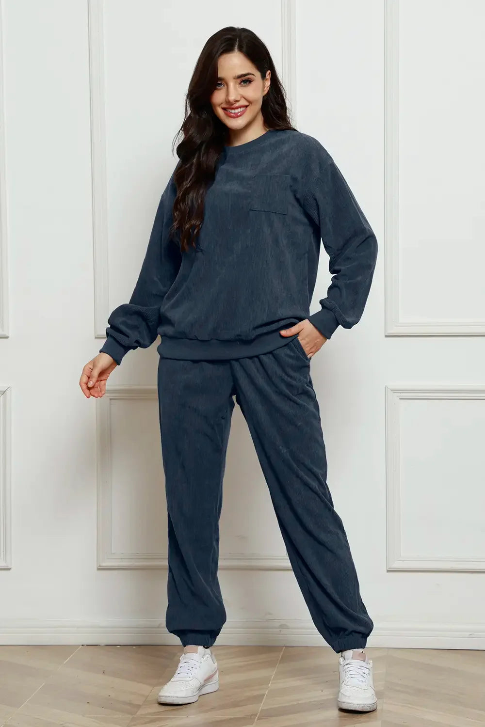 Corduroy Round Neck Sweatshirt and Sweatpants Set - tif-shop24.de