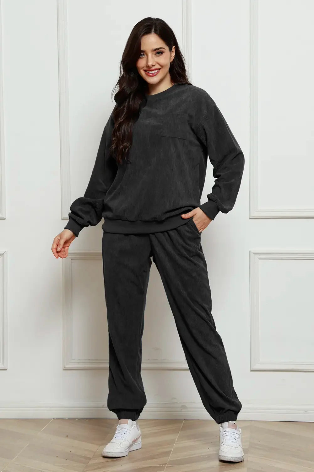 Corduroy Round Neck Sweatshirt and Sweatpants Set - tif-shop24.de