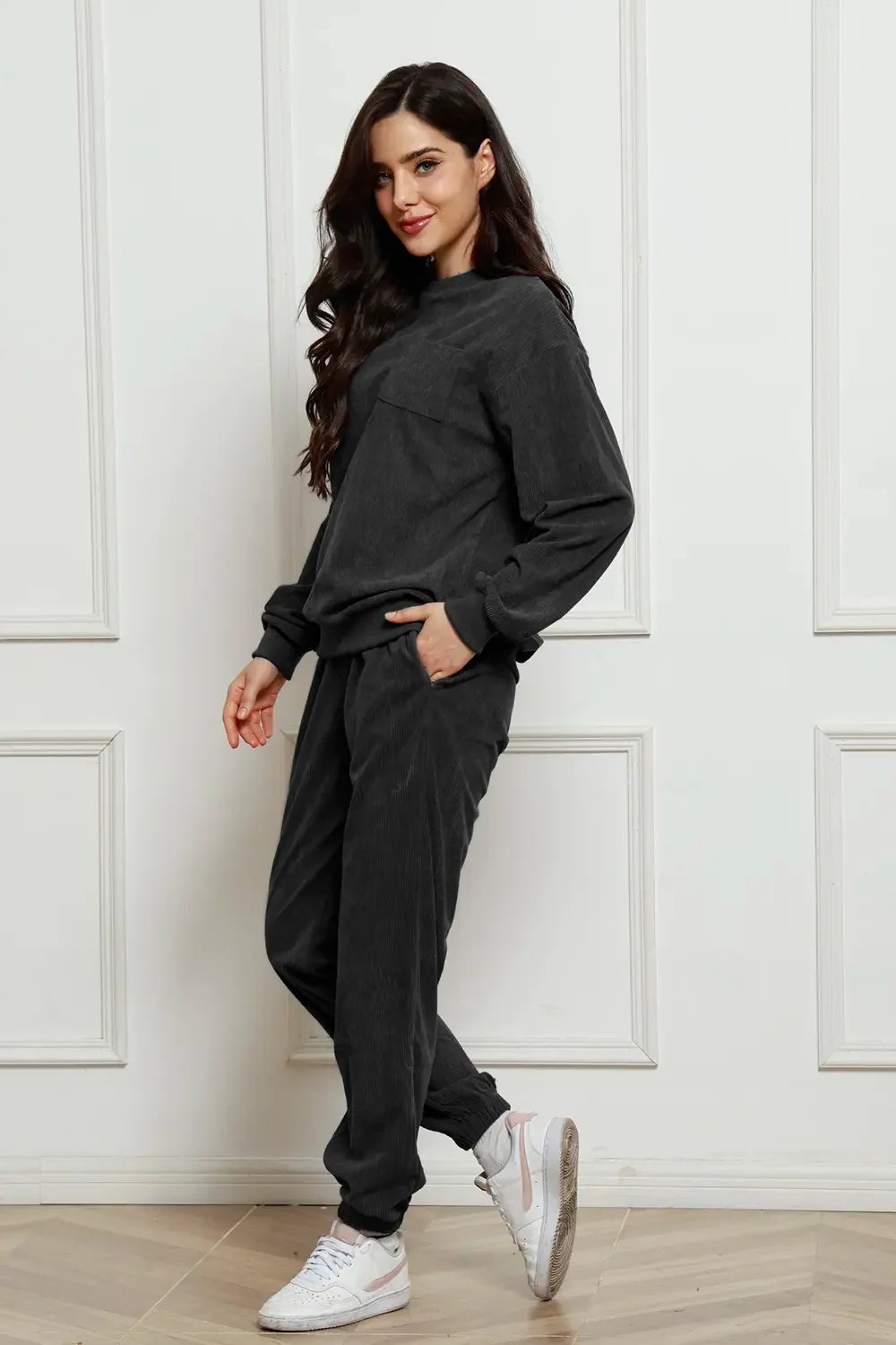 Corduroy Round Neck Sweatshirt and Sweatpants Set - tif-shop24.de