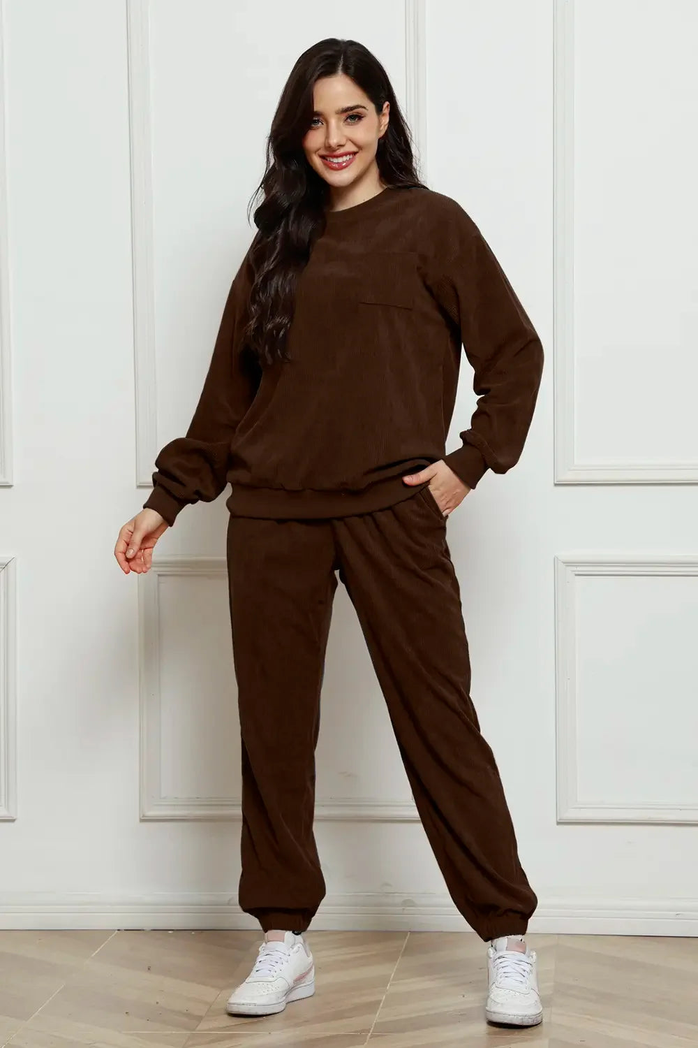 Corduroy Round Neck Sweatshirt and Sweatpants Set - tif-shop24.de