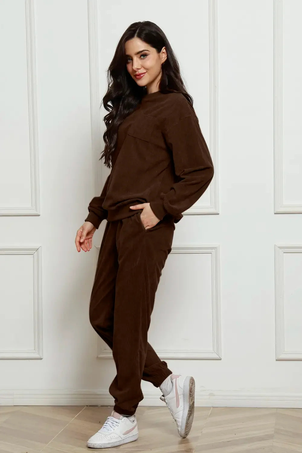 Corduroy Round Neck Sweatshirt and Sweatpants Set - tif-shop24.de