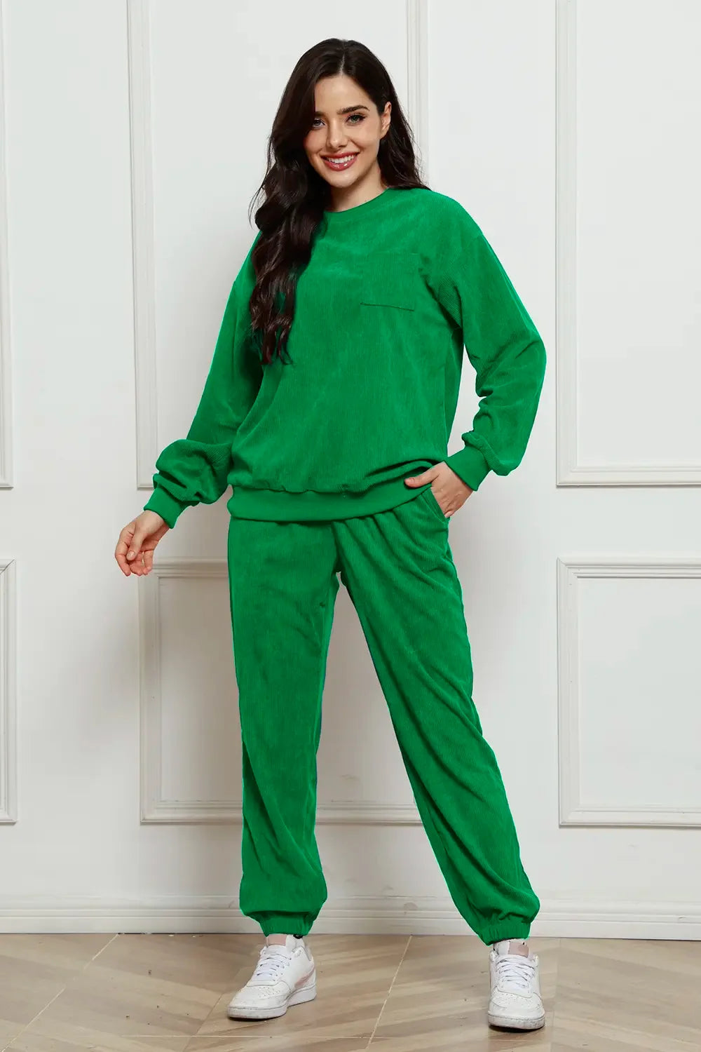 Corduroy Round Neck Sweatshirt and Sweatpants Set - tif-shop24.de