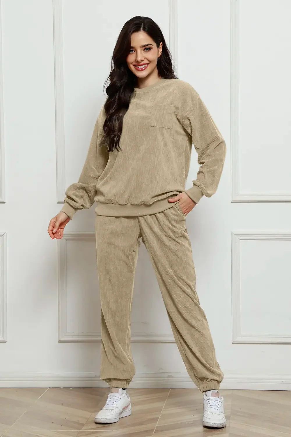 Corduroy Round Neck Sweatshirt and Sweatpants Set - tif-shop24.de