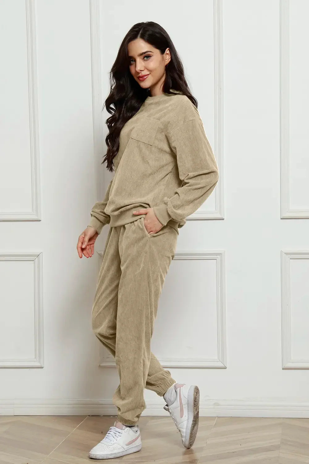 Corduroy Round Neck Sweatshirt and Sweatpants Set - tif-shop24.de