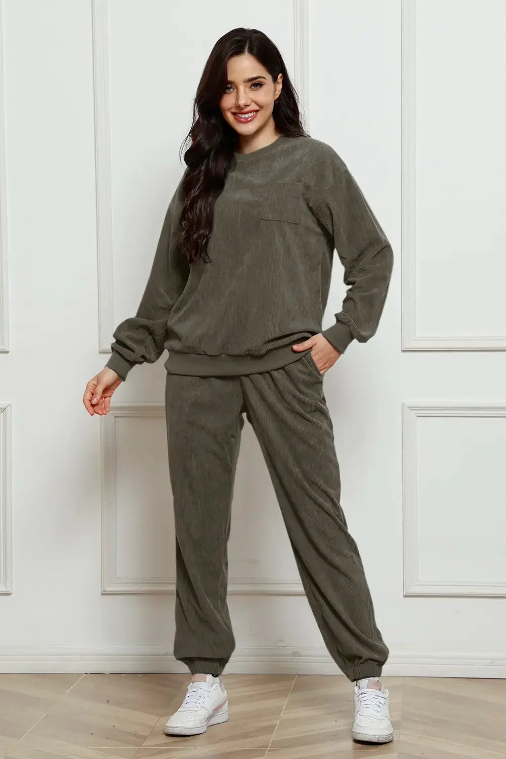 Corduroy Round Neck Sweatshirt and Sweatpants Set - tif-shop24.de