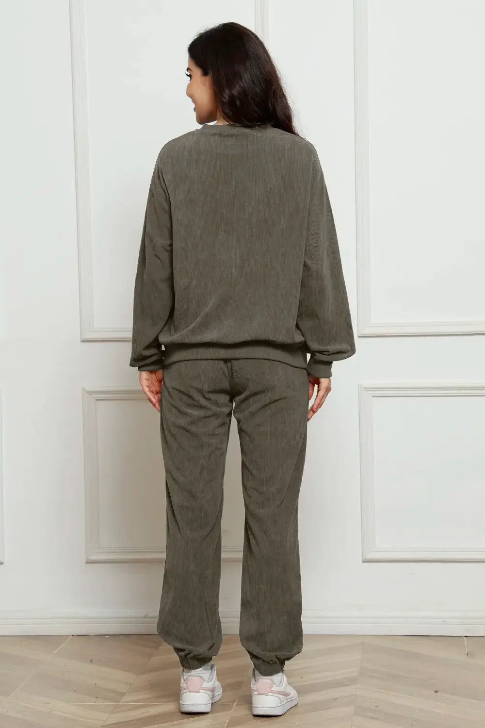 Corduroy Round Neck Sweatshirt and Sweatpants Set - tif-shop24.de