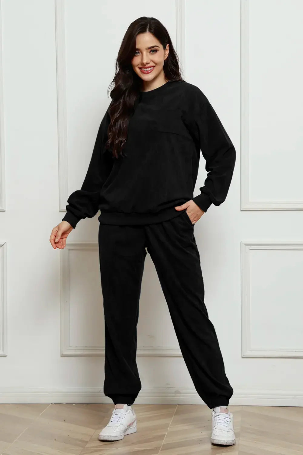 Corduroy Round Neck Sweatshirt and Sweatpants Set - tif-shop24.de
