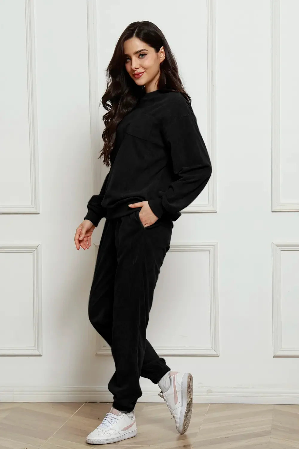 Corduroy Round Neck Sweatshirt and Sweatpants Set - tif-shop24.de