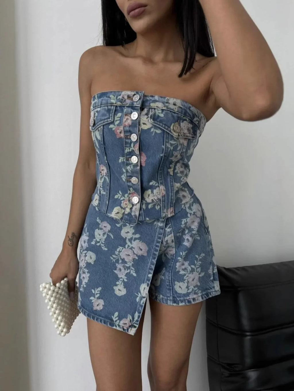 Floral Print Strapless Top and Skort Denim Set - tif-shop24.de