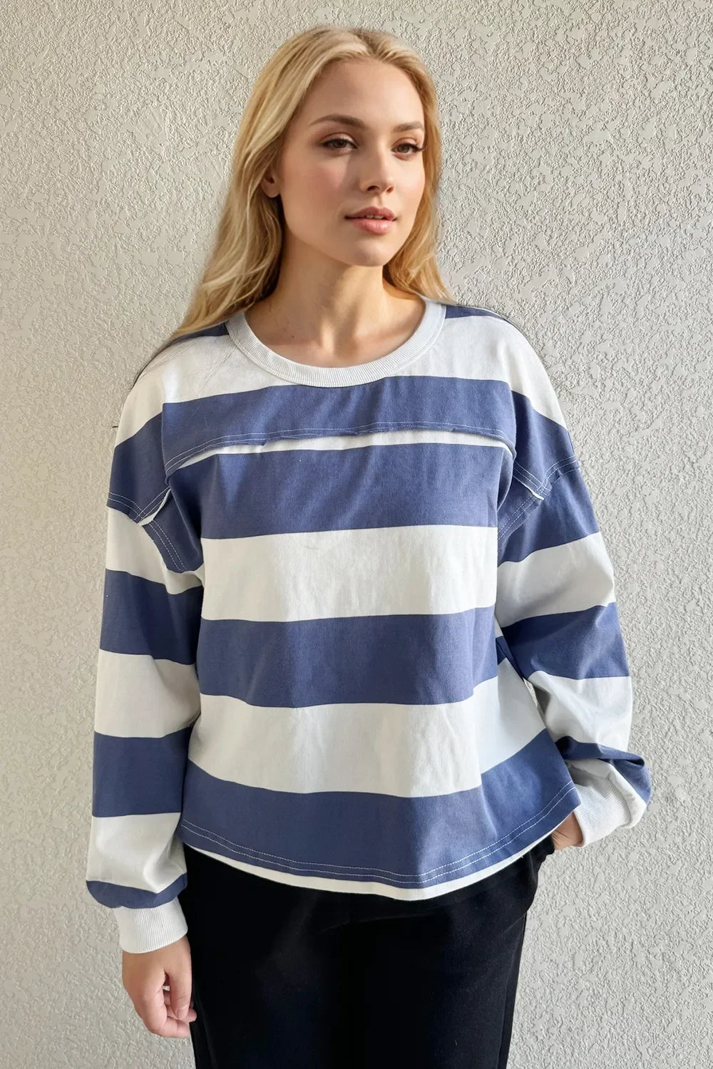 Oh Pima Cotton Wash Exposed Seam Contrast Striped Round Neck Long Sleeve T-Shirt - tif-shop24.de