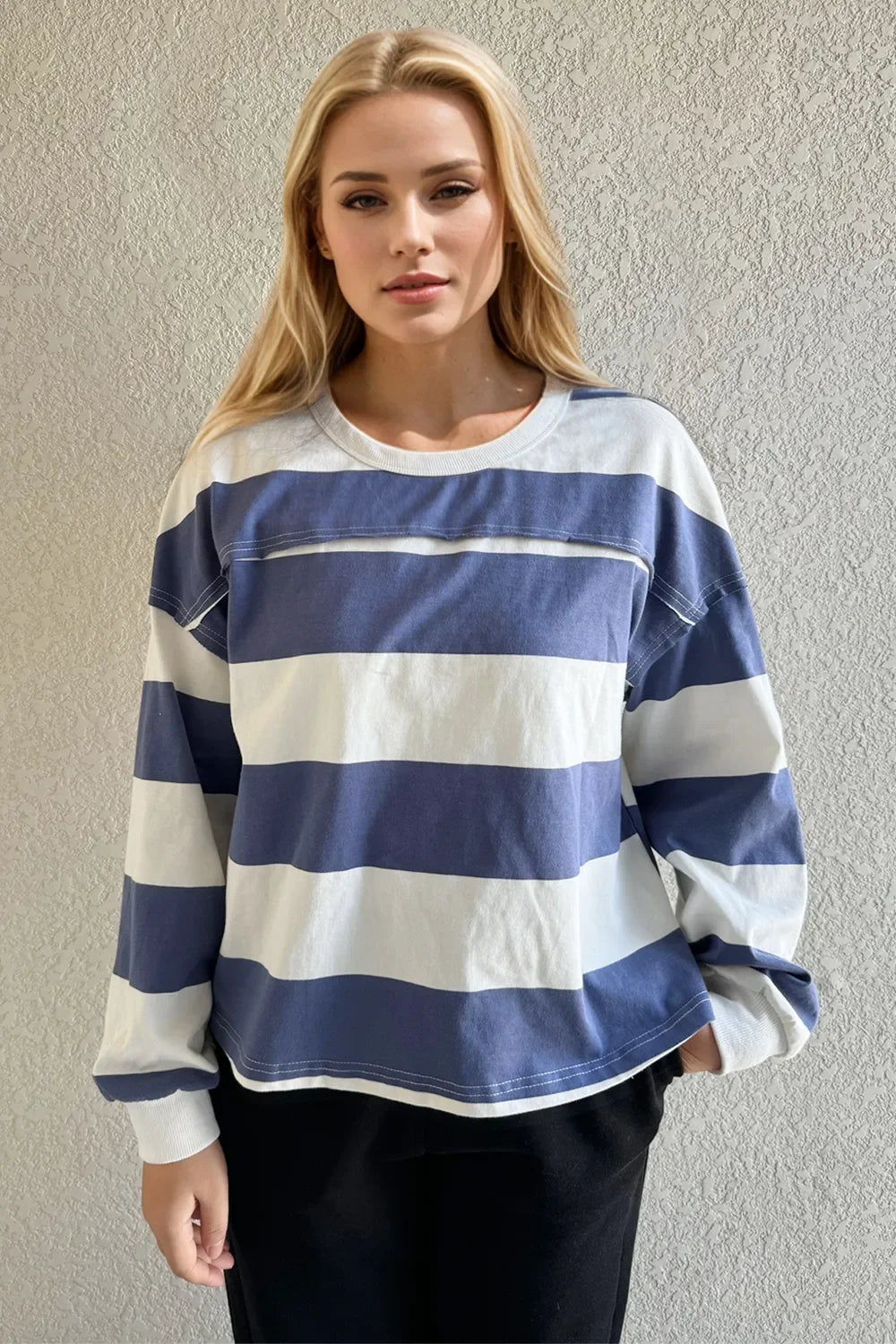 Oh Pima Cotton Wash Exposed Seam Contrast Striped Round Neck Long Sleeve T-Shirt - tif-shop24.de